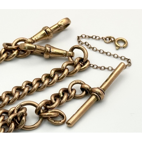 15 - A Classic Antique 9K Rose Gold Albert Chain with T Bar. 44cm. 60.9g weight.