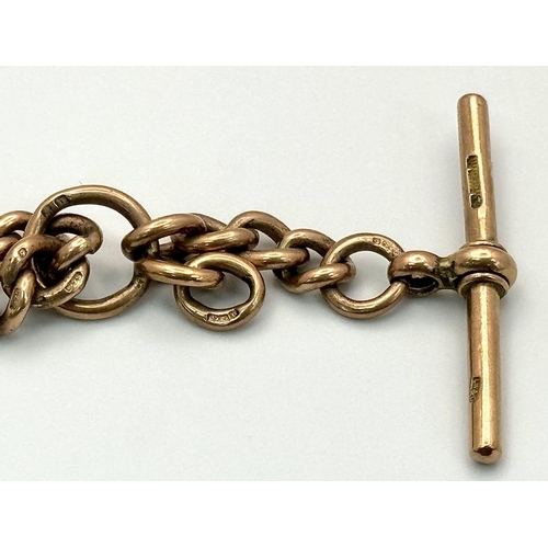 15 - A Classic Antique 9K Rose Gold Albert Chain with T Bar. 44cm. 60.9g weight.