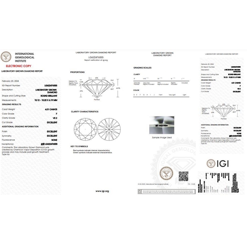 16 - 4.01CT ROUND SHAPED LAB-GROWN DIAMOND, COLOUR F, CLARITY VS2. COMES WITH IGI CERTIFICATE. MEASUREMEN... 