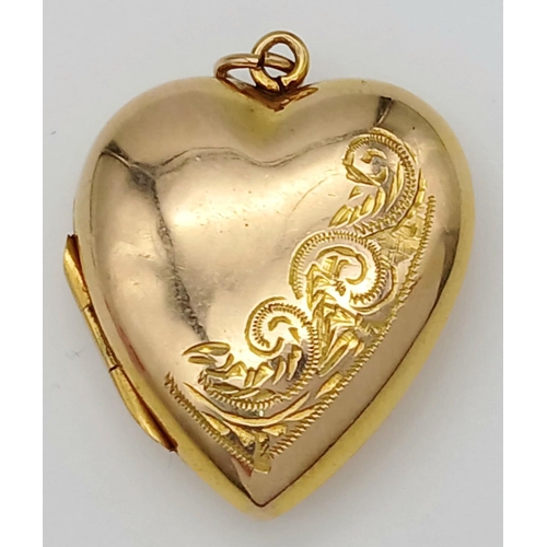 183 - A Vintage 9K Yellow Gold Heart Locket Pendant. 25mm. 3.45g