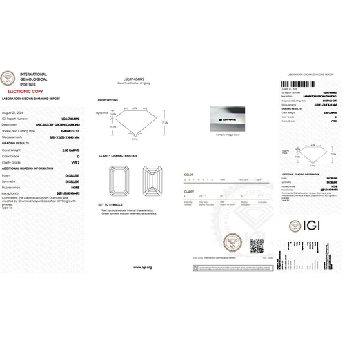 30 - 2.5CT EMERALD SHAPED LAB-GROWN DIAMOND, COLOUR D, CLARITY VVS2. COMES WITH IGI CERTIFICATE. MEASUREM... 