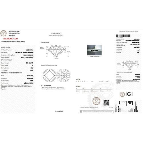 330 - 2CT ROUND SHAPED LAB-GROWN DIAMOND, COLOUR D, CLARITY VS2. COMES WITH IGI CERTIFICATE. MEASUREMENT 8... 