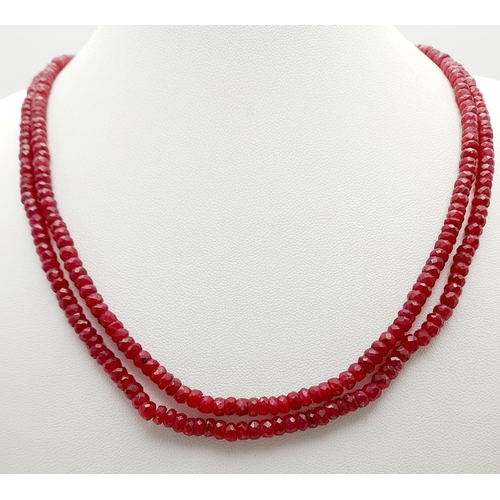 409 - A 180ctw Two Row Ruby Gemstone Necklace with 925 Silver Clasp. 48cm length. Ref: CD-1518