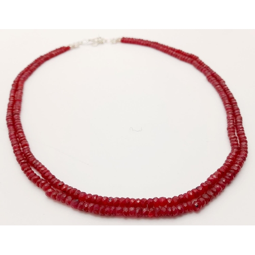 409 - A 180ctw Two Row Ruby Gemstone Necklace with 925 Silver Clasp. 48cm length. Ref: CD-1518