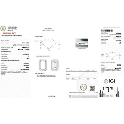 433 - 2.01CT EMERALD SHAPED LAB-GROWN DIAMOND, COLOUR D, CLARITY VS1. COMES WITH IGI CERTIFICATE. MEASUREM... 