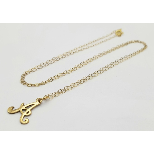 499 - A Vintage 9K Gold Letter 'A' Pendant on a 9K Gold Disappearing Necklace. 15mm and 40cm. 0.7g