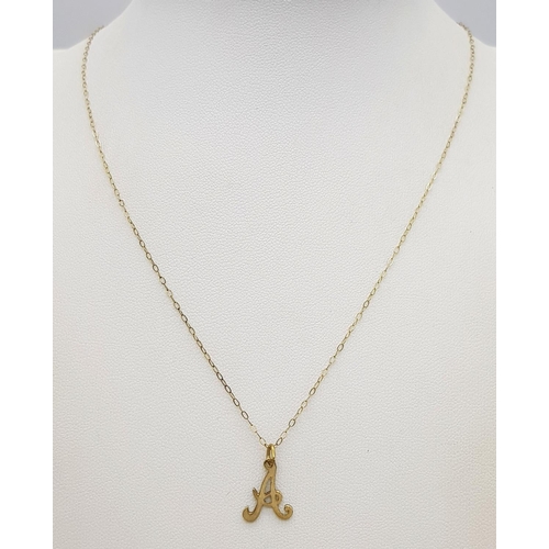 499 - A Vintage 9K Gold Letter 'A' Pendant on a 9K Gold Disappearing Necklace. 15mm and 40cm. 0.7g