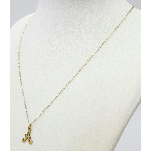 499 - A Vintage 9K Gold Letter 'A' Pendant on a 9K Gold Disappearing Necklace. 15mm and 40cm. 0.7g