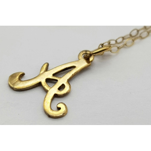 499 - A Vintage 9K Gold Letter 'A' Pendant on a 9K Gold Disappearing Necklace. 15mm and 40cm. 0.7g