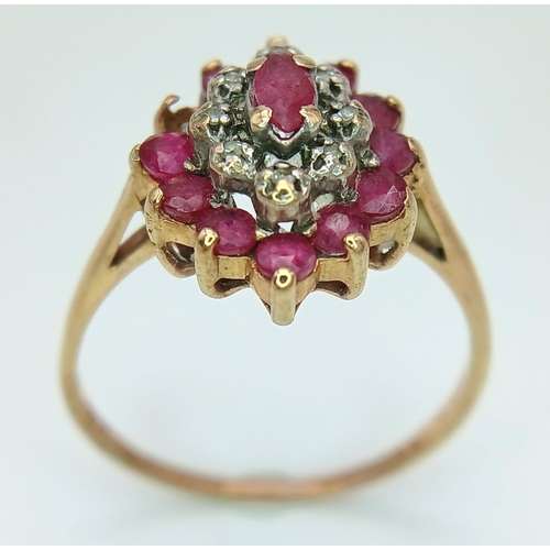 513 - A Vintage 9K Yellow Gold Ruby and Diamond Cluster Ring (One ruby missing) Size P 1/2. 2.15g total we... 