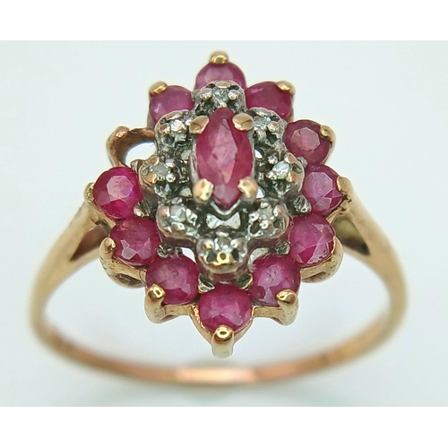 513 - A Vintage 9K Yellow Gold Ruby and Diamond Cluster Ring (One ruby missing) Size P 1/2. 2.15g total we... 