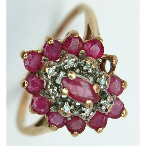 513 - A Vintage 9K Yellow Gold Ruby and Diamond Cluster Ring (One ruby missing) Size P 1/2. 2.15g total we... 