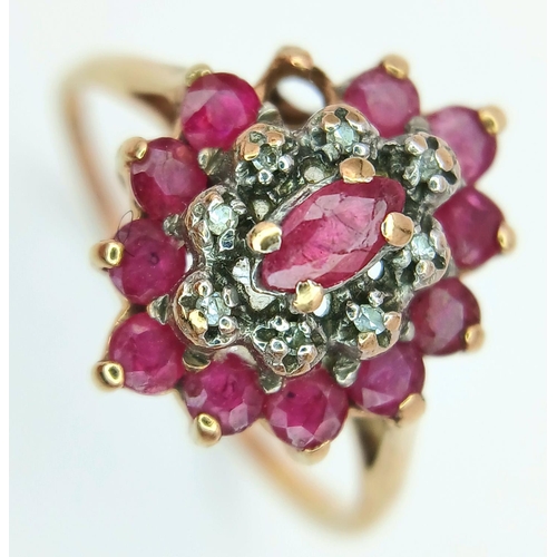 513 - A Vintage 9K Yellow Gold Ruby and Diamond Cluster Ring (One ruby missing) Size P 1/2. 2.15g total we... 