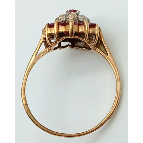 513 - A Vintage 9K Yellow Gold Ruby and Diamond Cluster Ring (One ruby missing) Size P 1/2. 2.15g total we... 