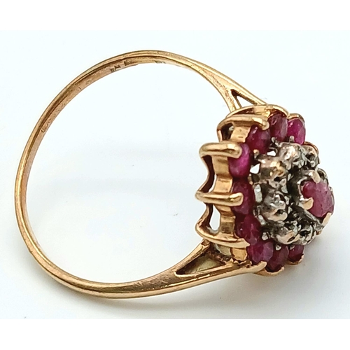 513 - A Vintage 9K Yellow Gold Ruby and Diamond Cluster Ring (One ruby missing) Size P 1/2. 2.15g total we... 