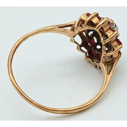 513 - A Vintage 9K Yellow Gold Ruby and Diamond Cluster Ring (One ruby missing) Size P 1/2. 2.15g total we... 