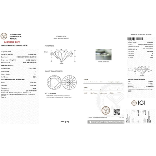 746 - 2.5CT ROUND SHAPED LAB-GROWN DIAMOND, COLOUR E, CLARITY VS2. COMES WITH IGI CERTIFICATE. MEASUREMENT... 