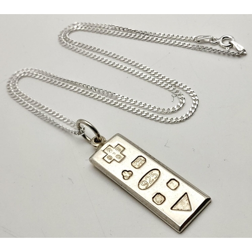 768 - A Hallmarked 1999/2000 Silver Ingot Pendant Necklace. 46cm Length Sterling Silver Chain. Pendant Mea... 