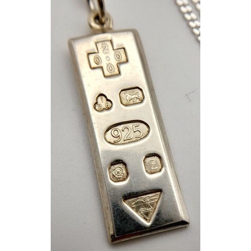 768 - A Hallmarked 1999/2000 Silver Ingot Pendant Necklace. 46cm Length Sterling Silver Chain. Pendant Mea... 