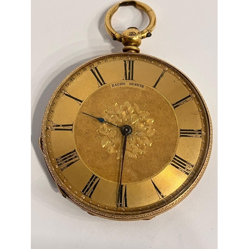 154 - Antique BAUME GENEVE 18K GOLD POCKET WATCH. Beautifully decorated. Full working order. 42 .65 grams.