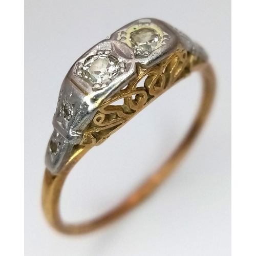 189 - Antique 18 carat GOLD RING with TWIN DIAMONDS set in PLATINUM.2.14 grams. Size N 1/2.