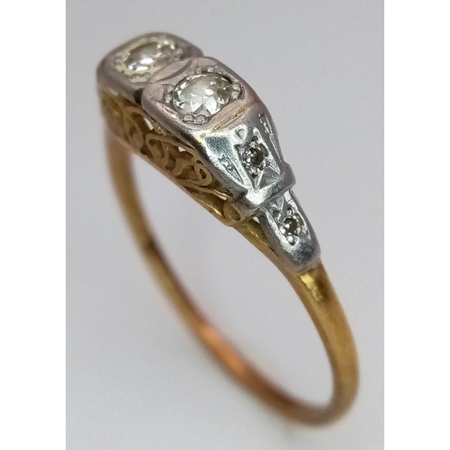 189 - Antique 18 carat GOLD RING with TWIN DIAMONDS set in PLATINUM.2.14 grams. Size N 1/2.