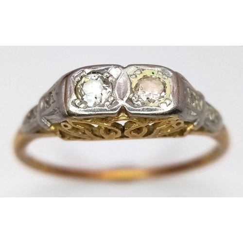 189 - Antique 18 carat GOLD RING with TWIN DIAMONDS set in PLATINUM.2.14 grams. Size N 1/2.