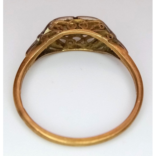 189 - Antique 18 carat GOLD RING with TWIN DIAMONDS set in PLATINUM.2.14 grams. Size N 1/2.