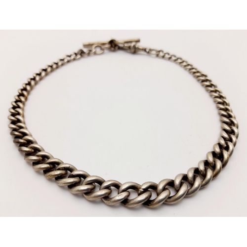 238 - Antique SOLID SILVER POCKET WATCH CHAIN with ‘T’  BAR. Having full hallmark for E Whitehouse and son... 