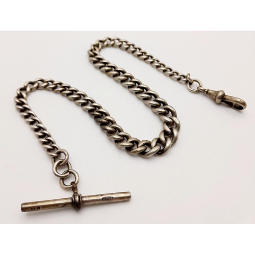 238 - Antique SOLID SILVER POCKET WATCH CHAIN with ‘T’  BAR. Having full hallmark for E Whitehouse and son... 