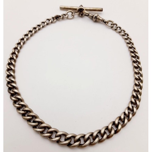 238 - Antique SOLID SILVER POCKET WATCH CHAIN with ‘T’  BAR. Having full hallmark for E Whitehouse and son... 