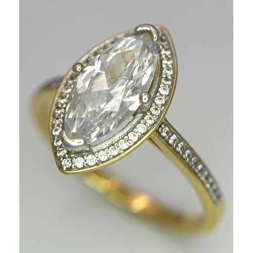 252 - Magnificent TRU DIAMONDS MARQUISE CUT SOLITAIRE HALO RING. 18 carat GOLD Plated. Size N - N+