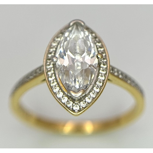 252 - Magnificent TRU DIAMONDS MARQUISE CUT SOLITAIRE HALO RING. 18 carat GOLD Plated. Size N - N+