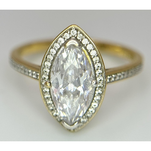 252 - Magnificent TRU DIAMONDS MARQUISE CUT SOLITAIRE HALO RING. 18 carat GOLD Plated. Size N - N+