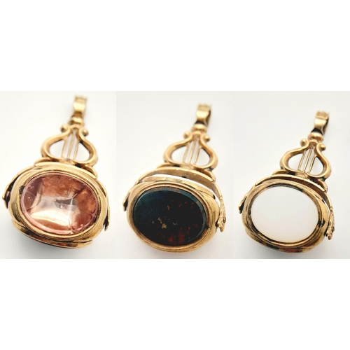 287 - Antique Victorian GOLD SPINNING FOB PENDANT. Set with Heliotrope ( bloodstone), White Onyx, and Morg... 