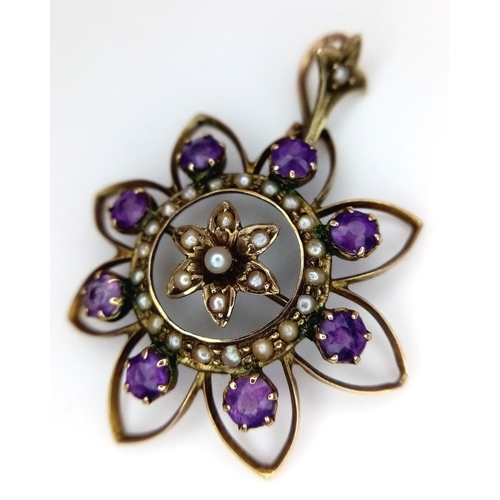 301 - Elegant Antique  9 carat GOLD, VICTORIAN, AMETHYST and PEARL PENDANT. 3.5 cm diameter. 2.57 grams.