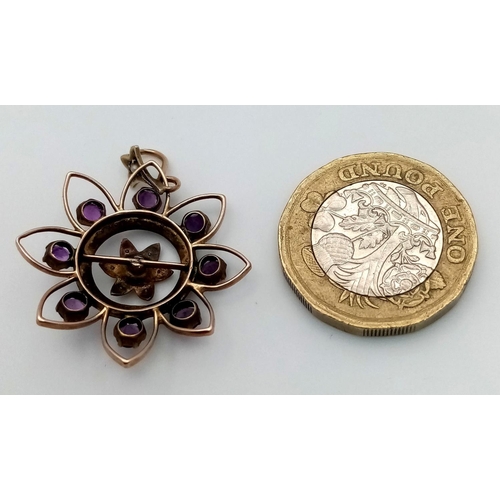 301 - Elegant Antique  9 carat GOLD, VICTORIAN, AMETHYST and PEARL PENDANT. 3.5 cm diameter. 2.57 grams.