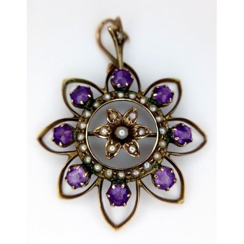 301 - Elegant Antique  9 carat GOLD, VICTORIAN, AMETHYST and PEARL PENDANT. 3.5 cm diameter. 2.57 grams.