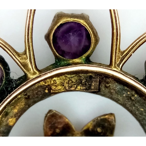 301 - Elegant Antique  9 carat GOLD, VICTORIAN, AMETHYST and PEARL PENDANT. 3.5 cm diameter. 2.57 grams.