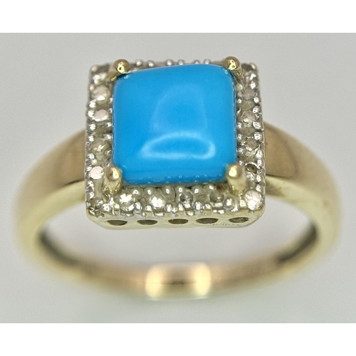 336 - Beautiful 9 CARAT GOLD RING having a Square cut Polished TURQUOISE mounted to centre with DIAMOND SU... 