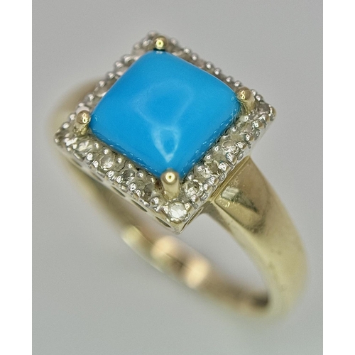 336 - Beautiful 9 CARAT GOLD RING having a Square cut Polished TURQUOISE mounted to centre with DIAMOND SU... 