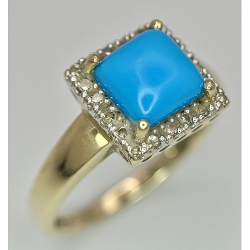 336 - Beautiful 9 CARAT GOLD RING having a Square cut Polished TURQUOISE mounted to centre with DIAMOND SU... 