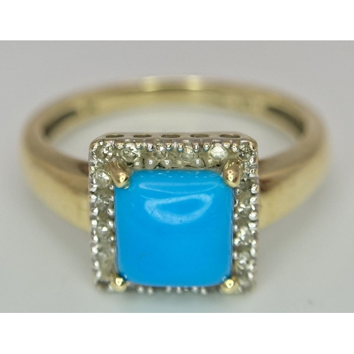 336 - Beautiful 9 CARAT GOLD RING having a Square cut Polished TURQUOISE mounted to centre with DIAMOND SU... 