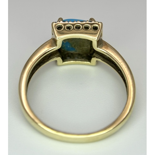 336 - Beautiful 9 CARAT GOLD RING having a Square cut Polished TURQUOISE mounted to centre with DIAMOND SU... 