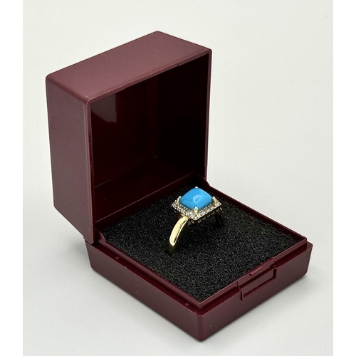 336 - Beautiful 9 CARAT GOLD RING having a Square cut Polished TURQUOISE mounted to centre with DIAMOND SU... 