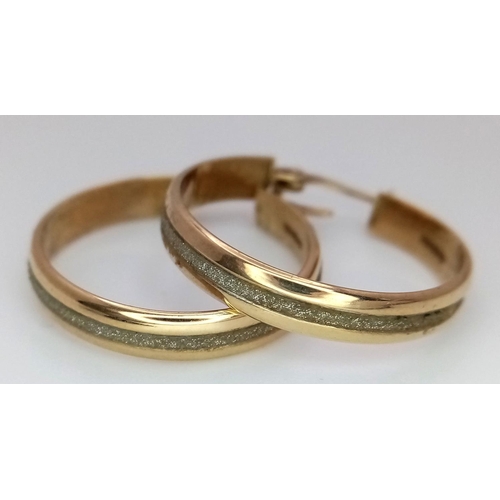 350 - Classic 9 carat WHITE & YELLOW GOLD HOOP EARRINGS. Beautifully designed with WHITE GOLD centre strip... 