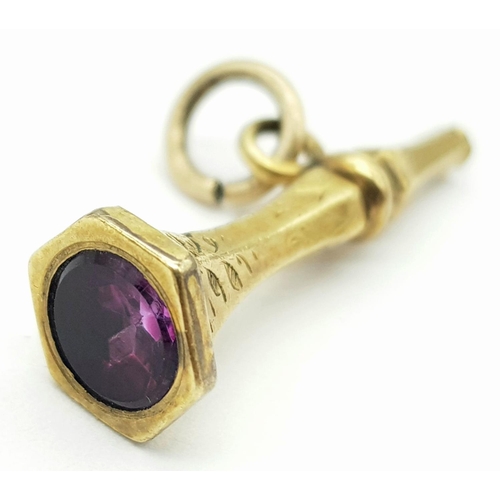 385 - Antique Gold & Amethyst Pocket Watch Winding Key. Trumpet shaped.