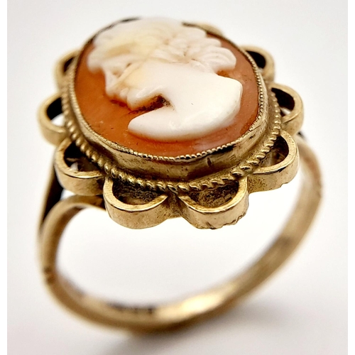 392 - Vintage 9 CARAT GOLD CAMEO RING. Having coffee and cream coloured Cameo, set to centre with lovely l... 