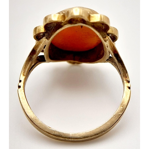 392 - Vintage 9 CARAT GOLD CAMEO RING. Having coffee and cream coloured Cameo, set to centre with lovely l... 