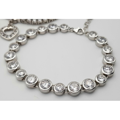 408 - Three Elegant Solid Silver 925 Tennis Bracelets, with Sparkling White Stones (possibly Cubic Zirconi... 